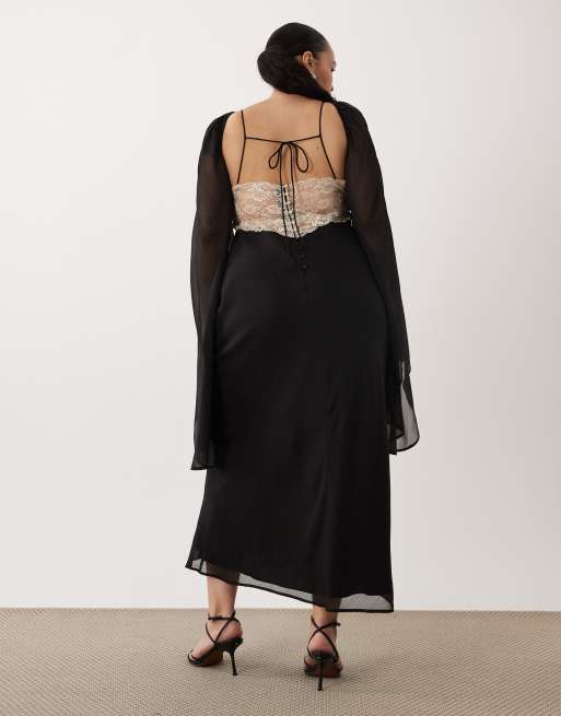 ASOS DESIGN Curve – Svartvit midiklänning i chiffongmix med spetsdetaljer och draperade ärmar, 4 av 4