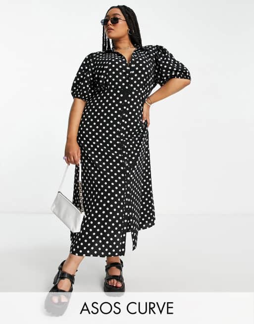ASOS DESIGN Curve – Svartvit prickig midi-teaklänning i skjortmodell med knäppning framtill