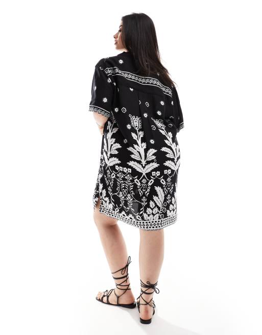 ASOS DESIGN Curve – Svartvit, scarfmönstrad skjortklänning i bowlingstil, 3 av 4