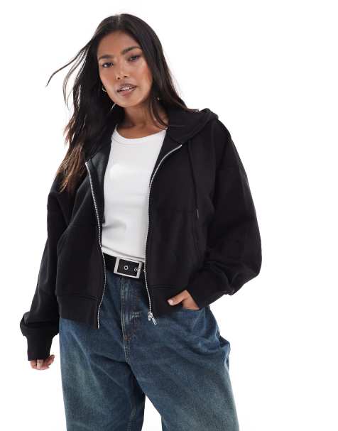 ASOS DESIGN Curve - Sweat à capuche court brossé à fermeture éclair - Noir - view 1