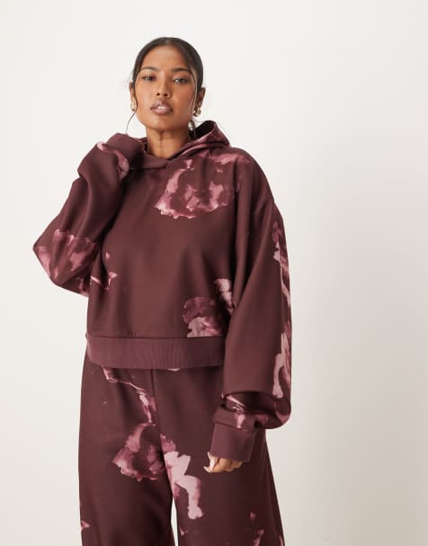 ASOS DESIGN Curve - Sweat à capuche d'ensemble avec motif fleurs intégral - Prune - view 1
