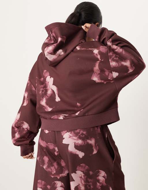 ASOS DESIGN Curve - Sweat à capuche d'ensemble avec motif fleurs intégral - Prune, 4 de 4