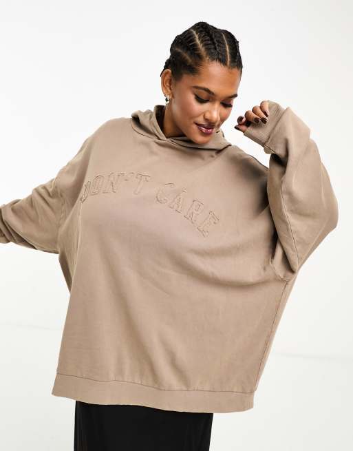 ASOS DESIGN Curve - Sweat à capuche oversize avec appliqué Don't Care - Taupe