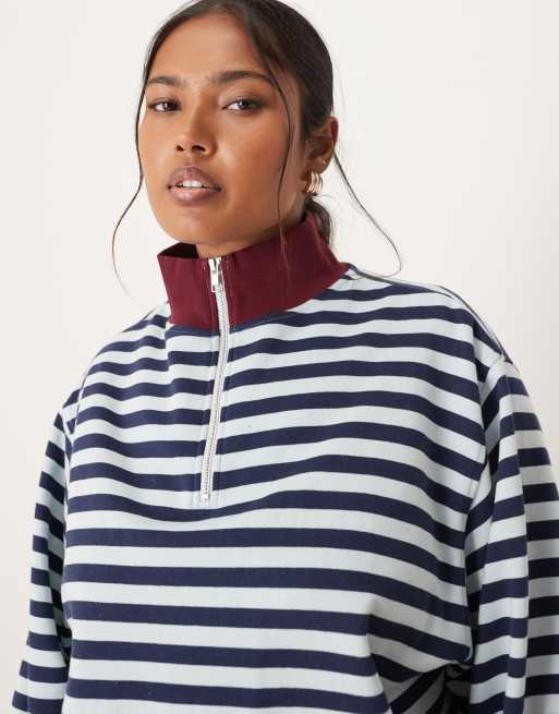 ASOS DESIGN Curve - Sweat à rayures et col zippé - Bleu/bordeaux, 3 de 4