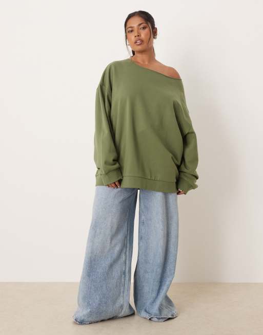 ASOS DESIGN Curve - Sweat oversize à épaules dénudées - Kaki, 3 de 4