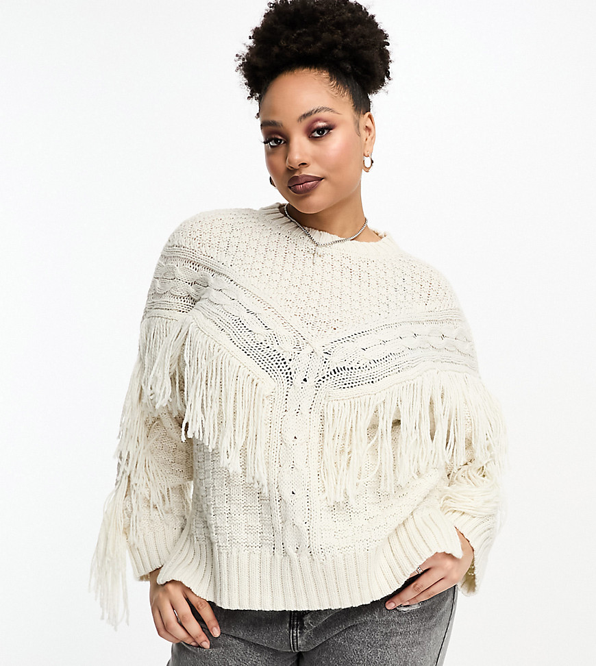 Asos Curve Asos Design Curve Sweater In Cable With Fringe Detail In Cream-white