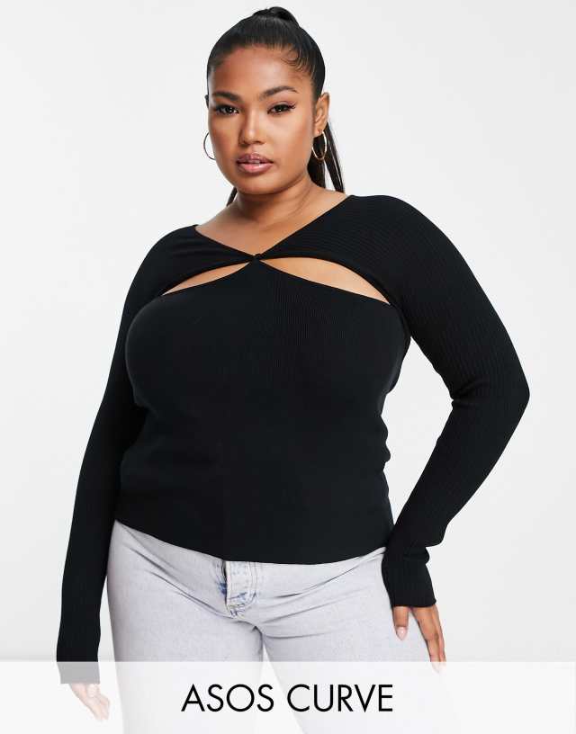 ASOS DESIGN Curve sweater with cut out and knot front detail in black