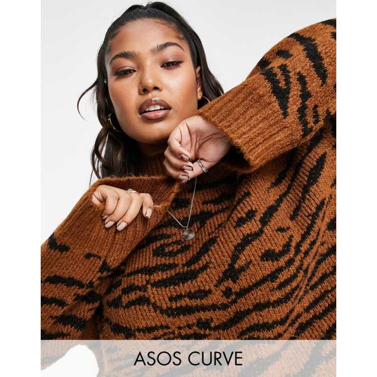 ASOS DESIGN Curve sweater with high neck in tiger print ASOS