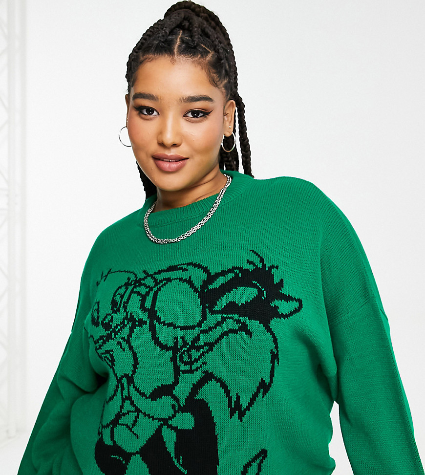 ASOS DESIGN Curve sweater with looney tunes pattern in green