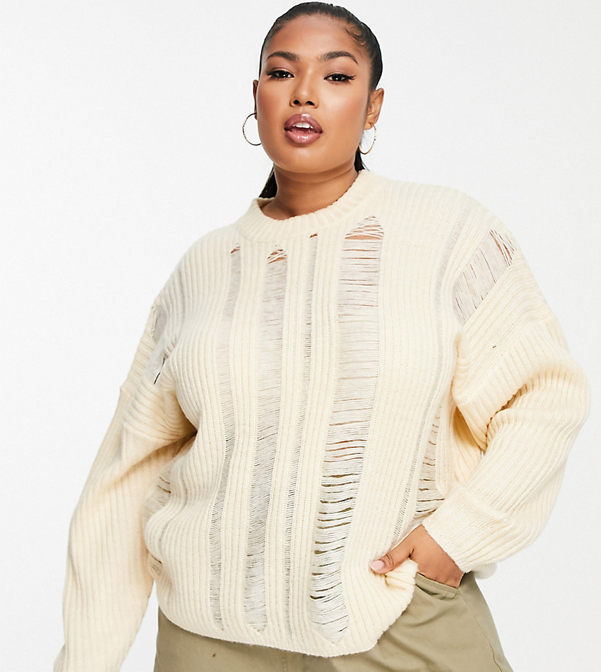 ASOS DESIGN Curve sweater with open ladder stitch detail in cream-White