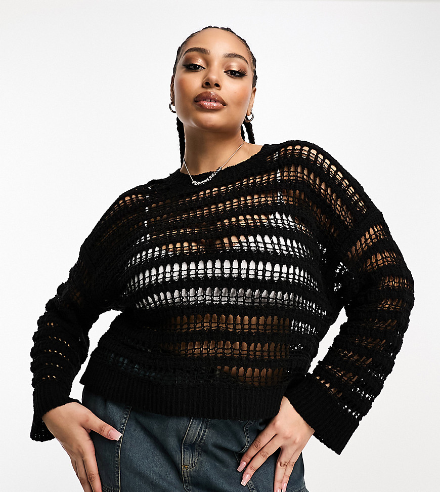 Asos Curve Asos Design Curve Sweater With Open Stitch In Textured Yarn In Black
