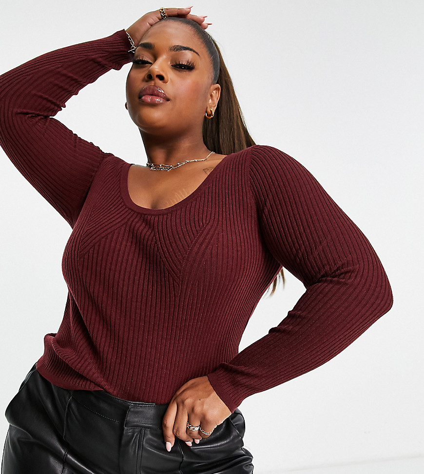 Asos Curve Asos Design Curve Sweater With Scoop Neck With Rib Bust Detail In Dark Red