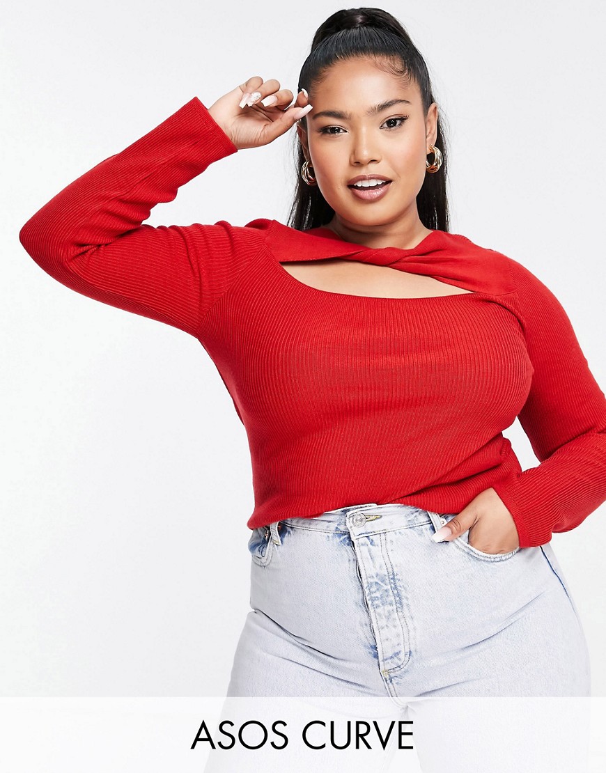 ASOS DESIGN Curve sweater with twist neck detail in red