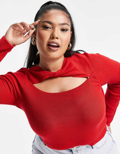 ASOS DESIGN Curve sweater with twist neck detail in red, 4 of 4