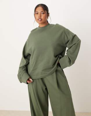 ASOS DESIGN Curve - Sweatshirt in Khaki mit Waffelstruktur-Einsatz, Kombiteil-Grün