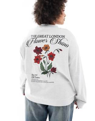 ASOS DESIGN Curve - Sweatshirt in meliertem Eisgrau mit „Flower Show"-Print