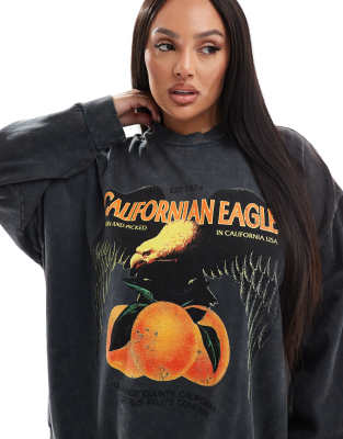 ASOS DESIGN Curve - Sweatshirt in verwaschenem Anthrazit mit „Californian Eagle"-Grafik-Schwarz