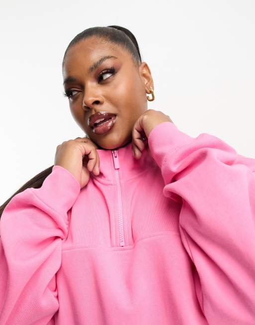 ASOS DESIGN Curve - Sweatshirt met halve rits in roze, deel van co-ord set