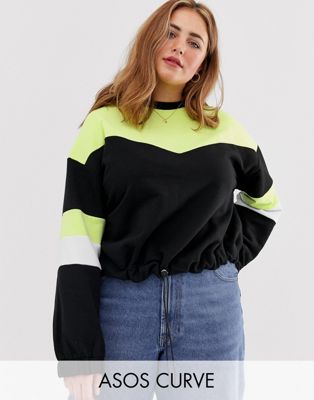 ASOS DESIGN Curve - Sweatshirt met neon kleurvlakken en zoom met trekkoord-Zwart