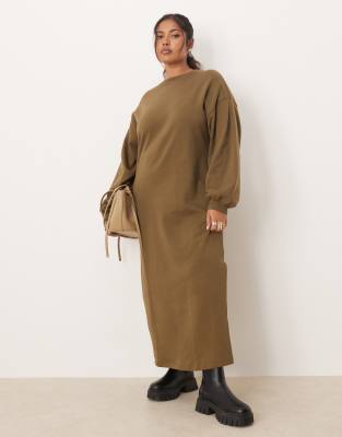 ASOS DESIGN Curve - Sweatshirt-Midikleid aus Baumwolle in Khaki mit Ballonärmeln-Grün