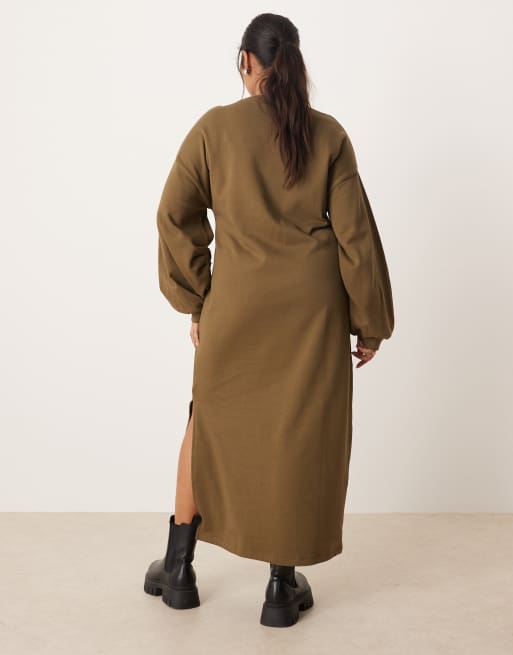 ASOS DESIGN Curve – Sweatshirt-Midikleid aus Baumwolle in Khaki mit Ballonärmeln, 2 von 4