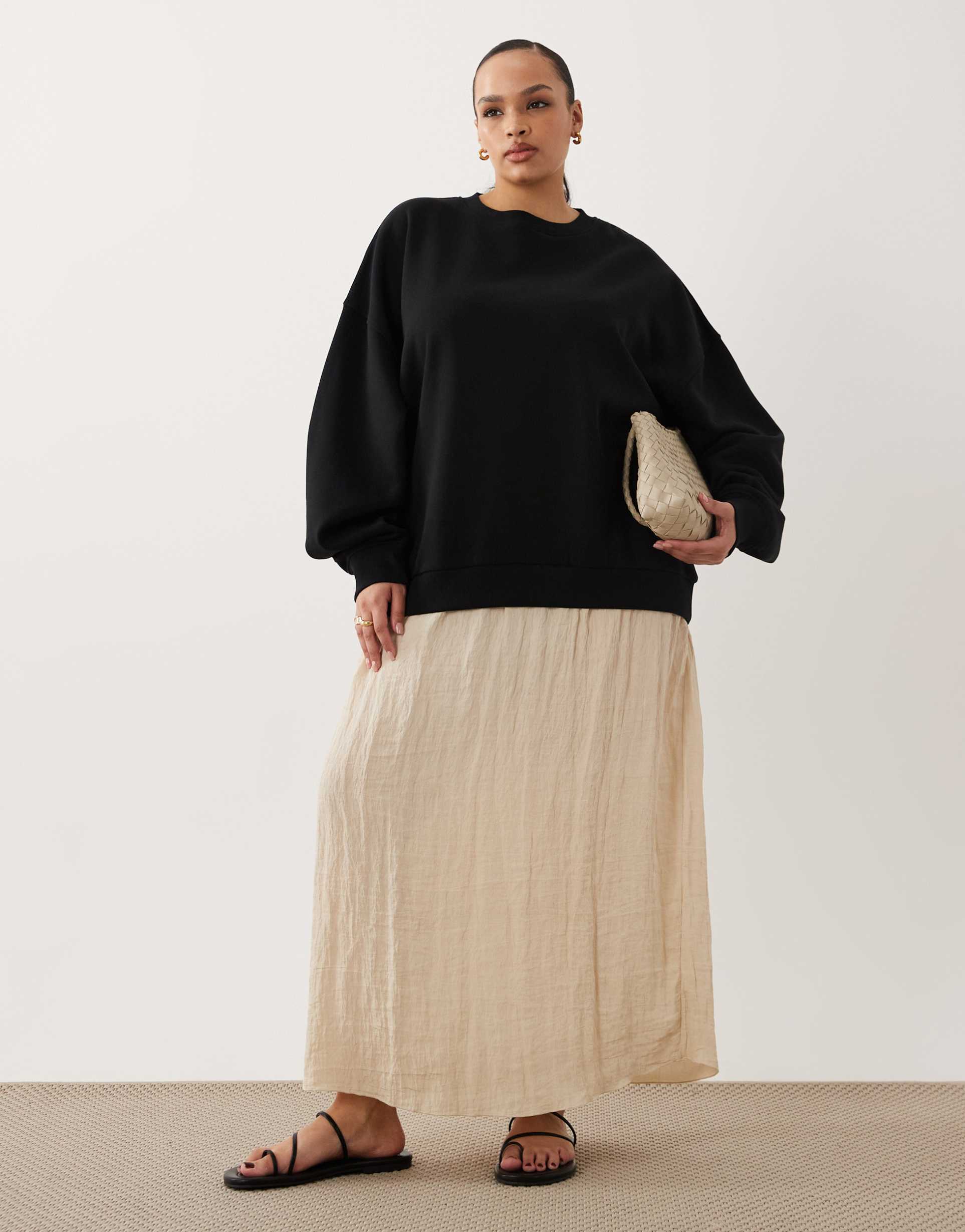 asos design curve sweatshirt with hybrid textured midi dress underlay in mono