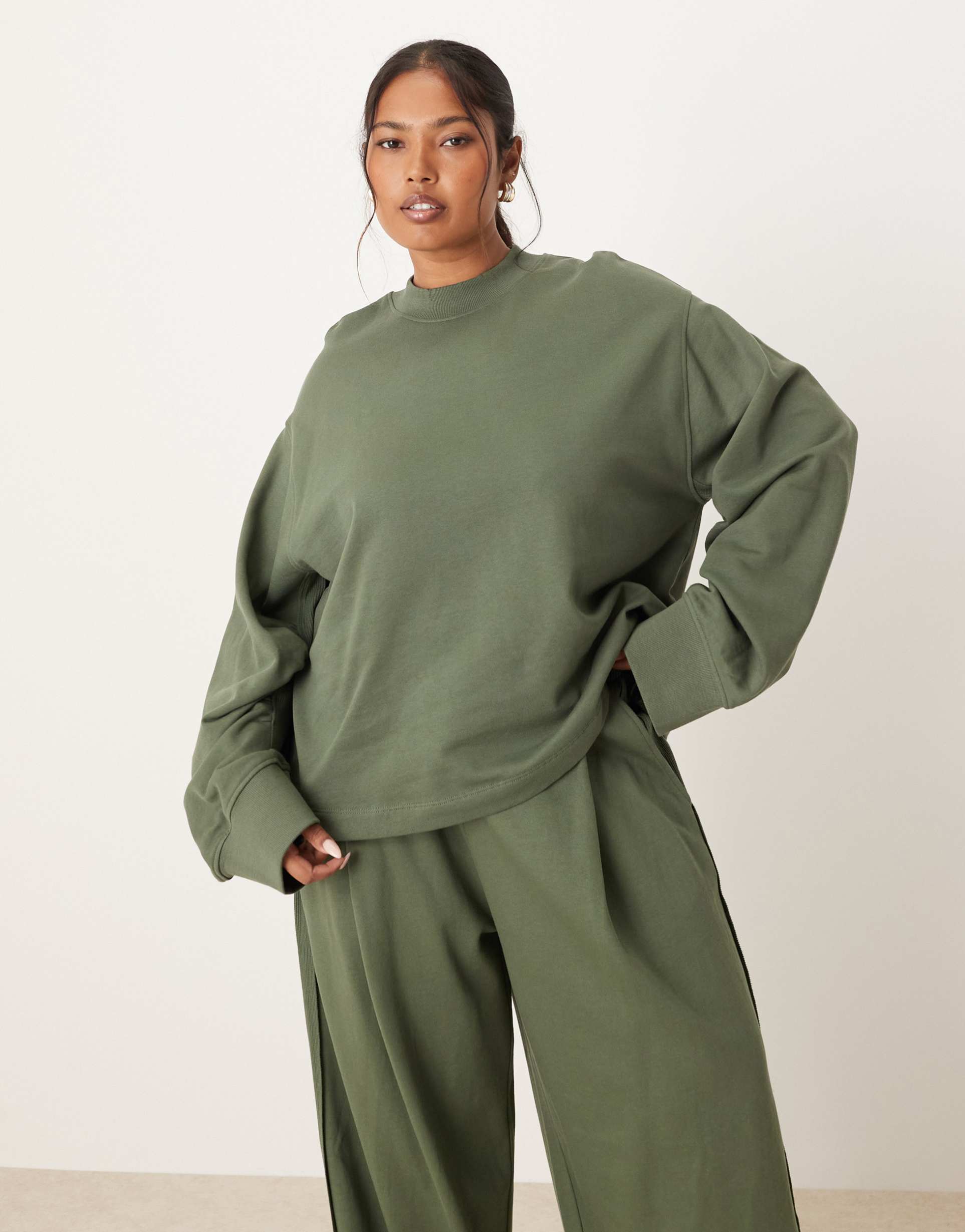 asos design curve sweatshirt with waffle panel detail in khaki - part of a set