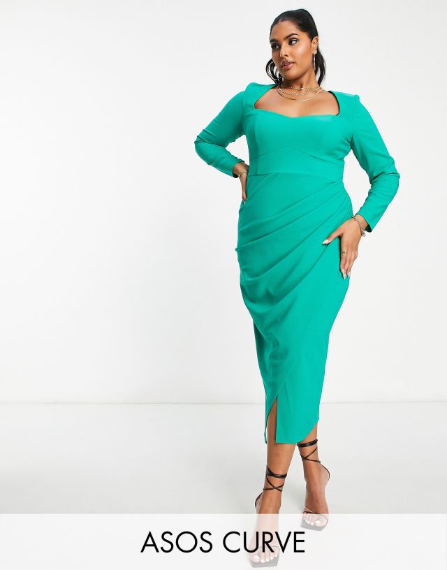 ASOS Curve - ASOS DESIGN Curve sweetheart neck midi dress with ruched wrap skirt in emerald green