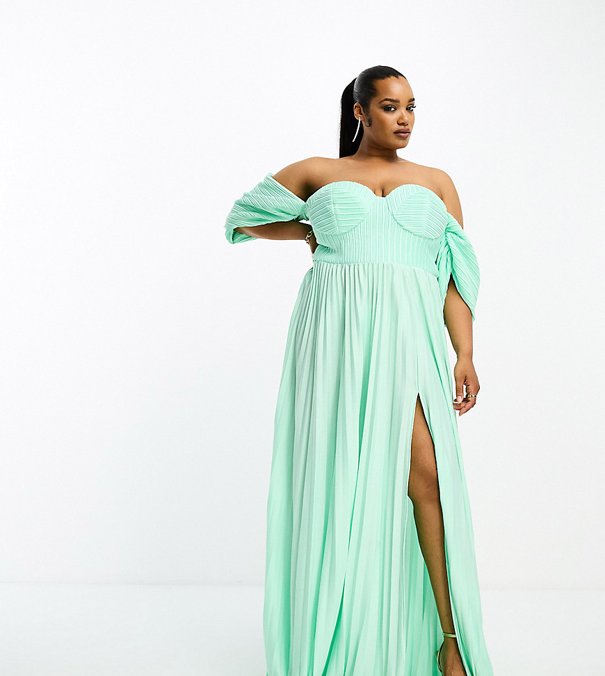 Asos Curve Asos Design Curve Sweetheart Neck Off Shoulder Pleated Maxi Dress In Sage Green-multi