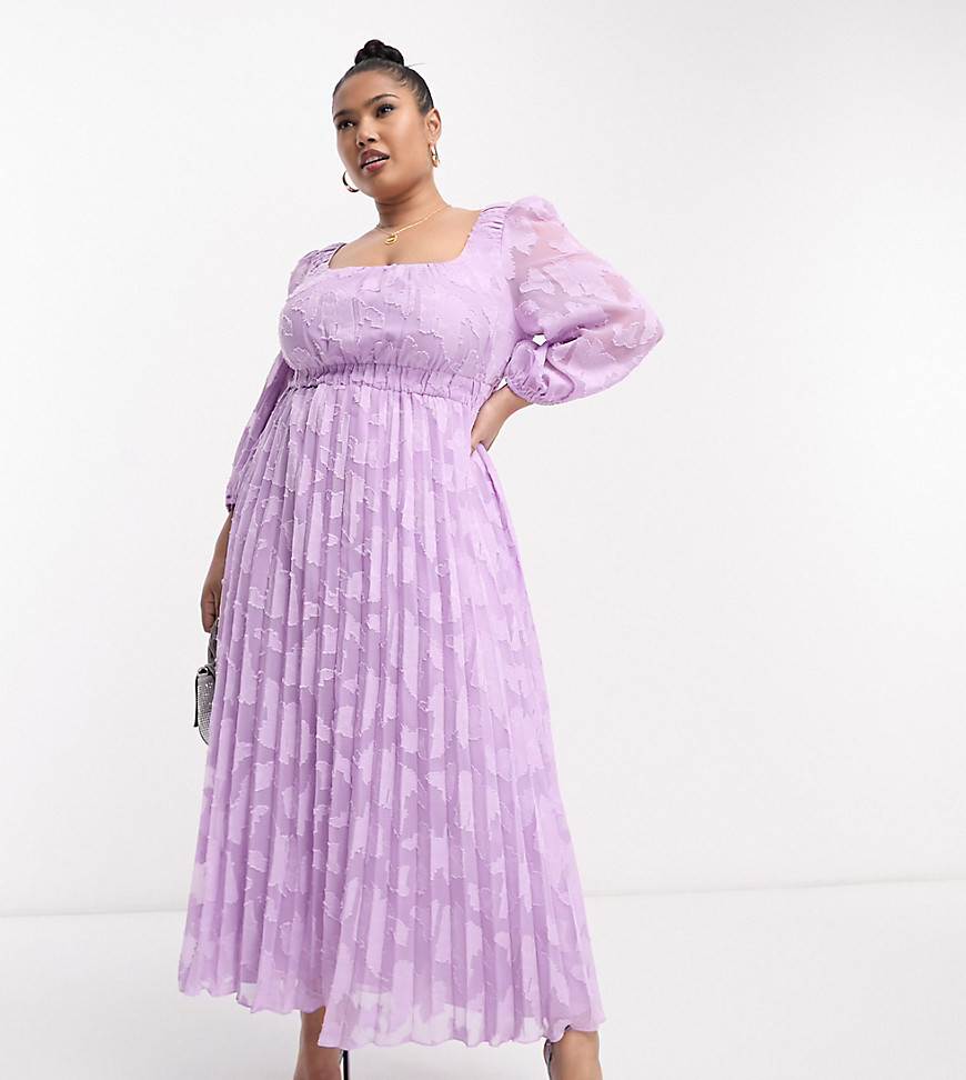 Asos Curve Asos Design Curve Sweetheart Neckline Burnout Pleated Midi Dress In Lilac-purple