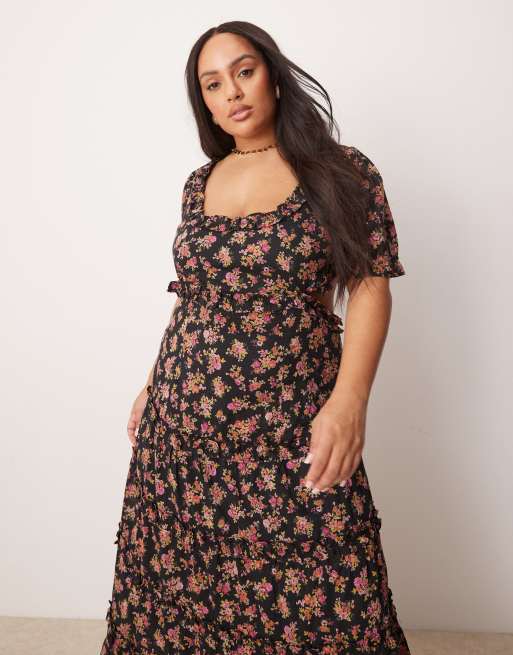 ASOS DESIGN Curve sweetheart neckline midi dress with cut out in dark base floral