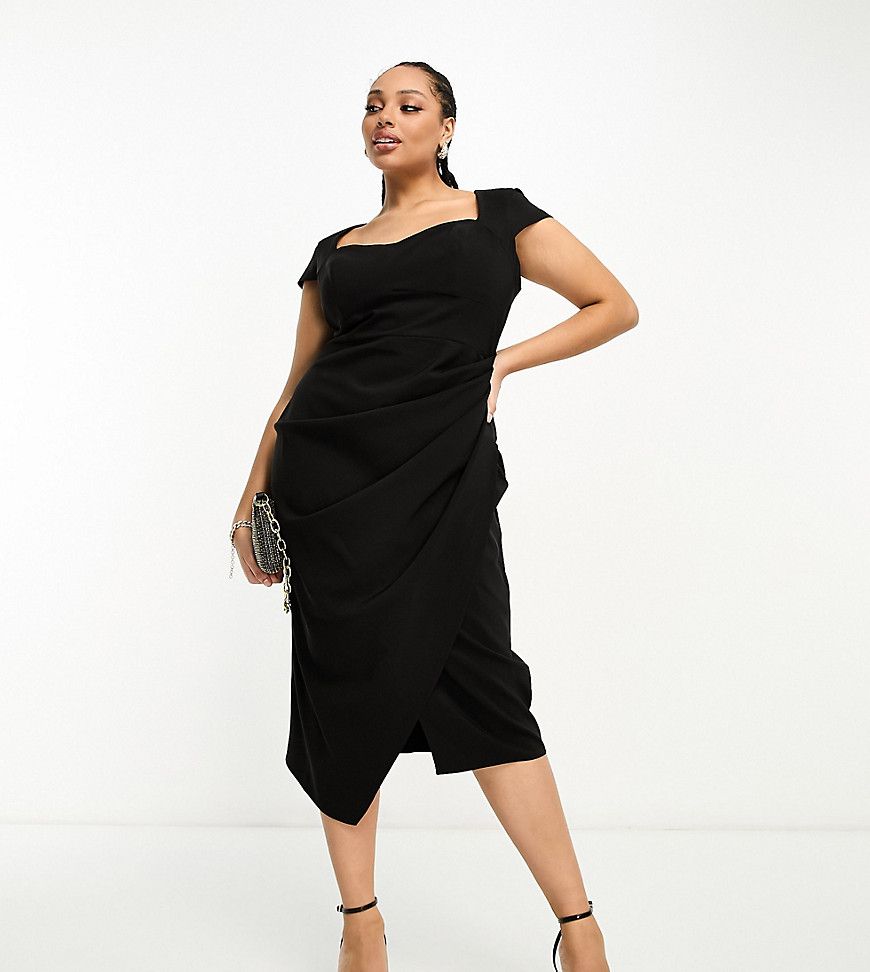 ASOS DESIGN Curve sweetheart neckline ruched waist midi dress with cap sleeves in black