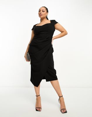 asos design curve sweetheart neckline ruched waist midi dress with cap sleeves in black