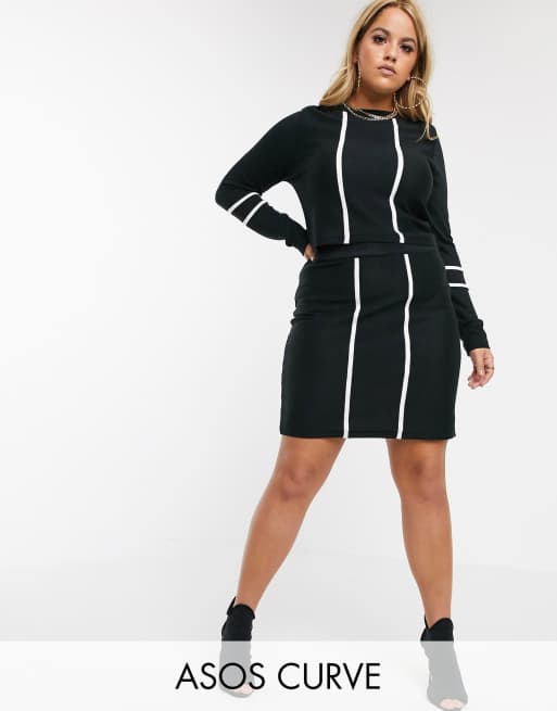 ASOS DESIGN Curve - Zestaw z bluzką z długim rękawem i spódnicą mini z ozodbnymi paskami, 2 z 3