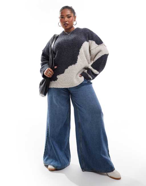 ASOS DESIGN Curve – Sweter z dzianiny boucle z okrągłym dekoltem i abstrakcyjnym wzorem