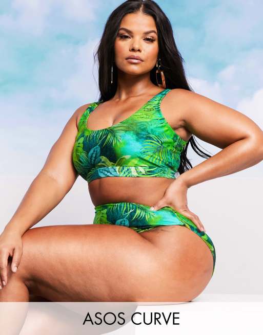 ASOS DESIGN CURVE SWIM GLAM Mix and Match Kurz geschnittener Bikini mit exotischem Palmenprint ASOS