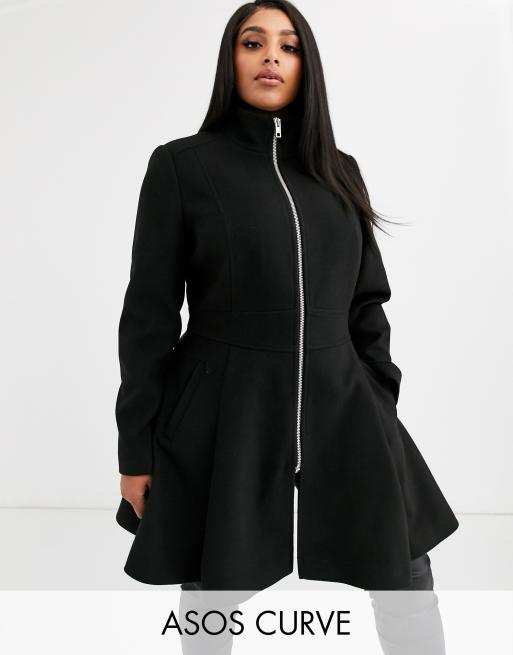 ASOS DESIGN Curve swing coat with zip front detail in black