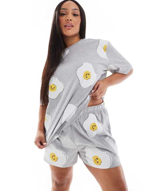 ASOS DESIGN Curve – Szara melanżowa piżama we wzór w jajka sadzone: T-shirt oversize i szorty