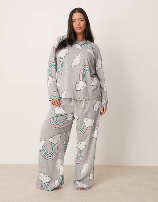 ASOS DESIGN Curve – Szara melanżowa piżama ze wzorem z motywem tęczy: top z długimi rękawami i spodnie