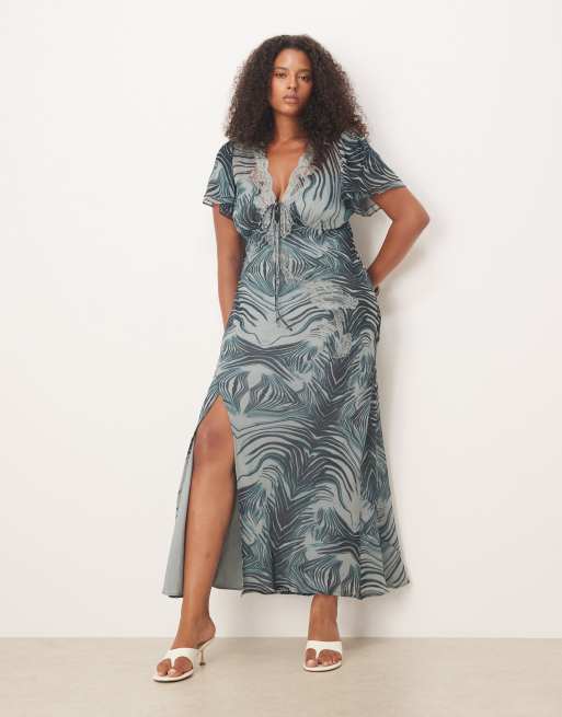 ASOS DESIGN Curve – Szara sukienka midi z koronkowym wykończeniem, rozkloszowanymi rękawami i wiązaniem z przodu, w paski zebry