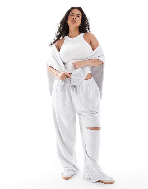 ASOS DESIGN Curve – Szare melanżowe joggersy z szerokimi nogawkami i przedarciem na kolanie - view 1