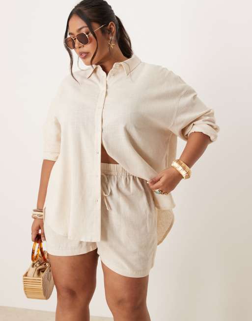 ASOS DESIGN Curve – Szarobeżowa koszula oversize z długimi rękawami z materiału z dodatkiem lnu, część zestawu