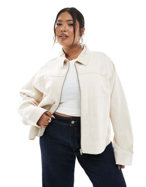 ASOS DESIGN Curve – Szarobeżowa kurtka z diagonalu z kołnierzem