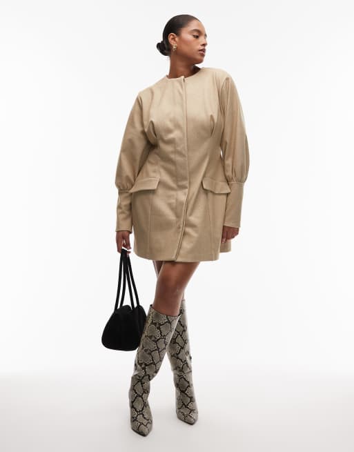 ASOS DESIGN Curve – Szarobeżowa profilowana sukienka mini o fasonie marynarki z bufiastymi rękawami