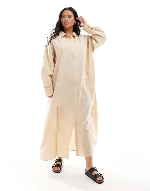 ASOS DESIGN Curve – Szarobeżowa sukienka koszulowa maxi z głębokim podwójnym rozcięciem