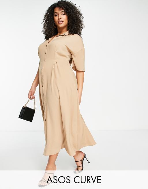 ASOS DESIGN Curve – Szarobeżowa zapinana na guziki sukienka koszulowa midi