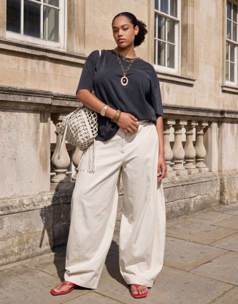 ASOS DESIGN Curve – Szarobeżowe, zwężane spodnie z baryłkowymi nogawkami - view 1