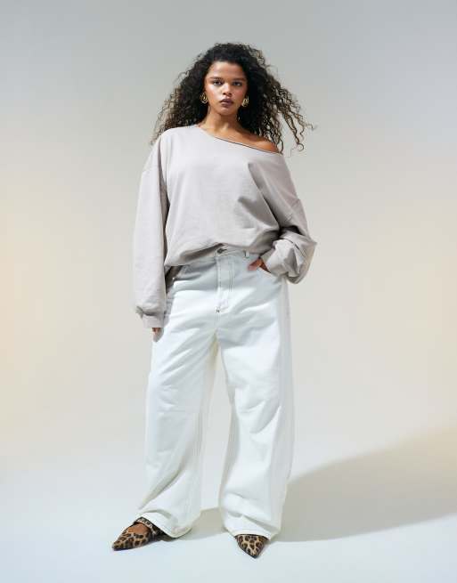 ASOS DESIGN Curve – Szarobrązowa bluza oversize z odsłoniętymi ramionami, 3 z 4