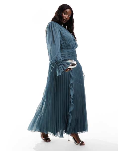 ASOS DESIGN Curve – Szaroniebieska sukienka maxi z marszczeniem w pasie i zabudowanym dekoltem - view 1