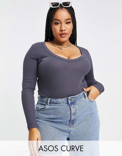 ASOS DESIGN Curve – Szaroniebieskie body z długimi rękawami, dekoltem w kształcie U i grubym wykończeniem